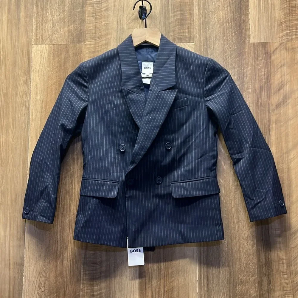 BOSS - Double Breasted Pin Stripe Suit Jacket - Navy